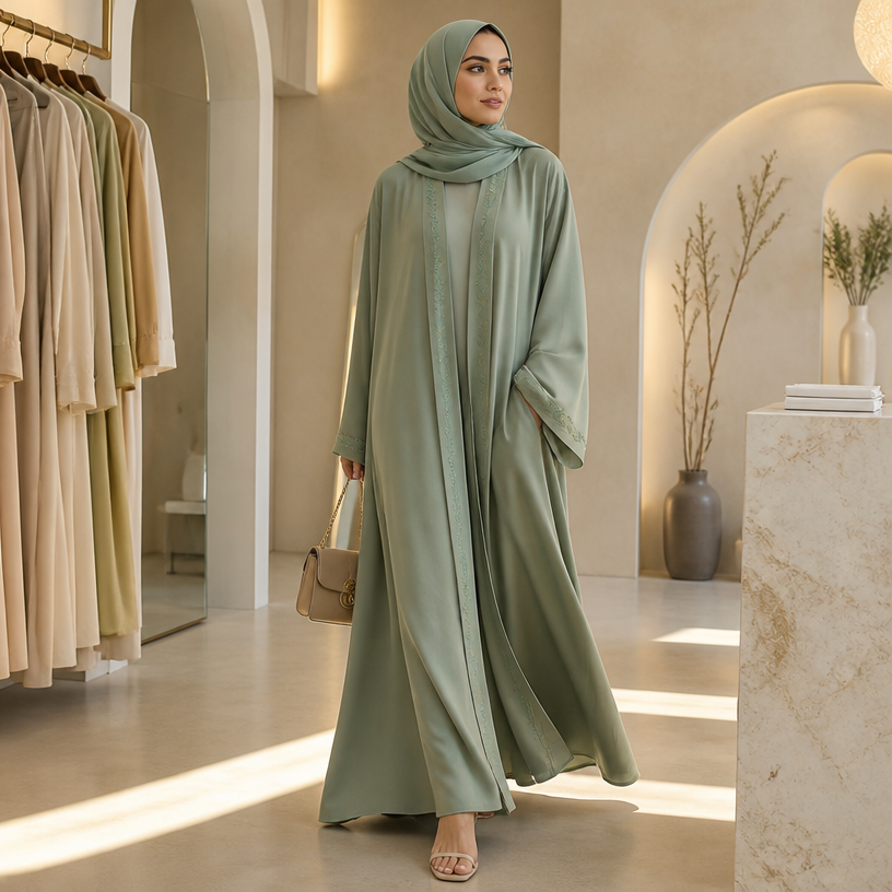 Woman wearing an elegant sage casual abaya in a boutique