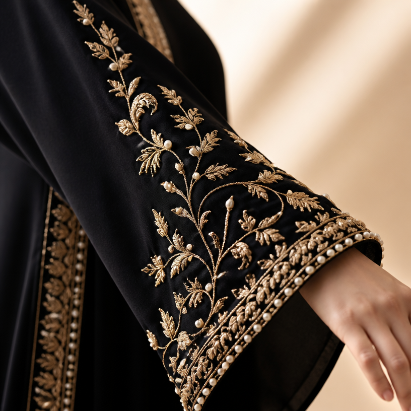 Close-up of an embroidered abaya sleeve with gold and pearl details