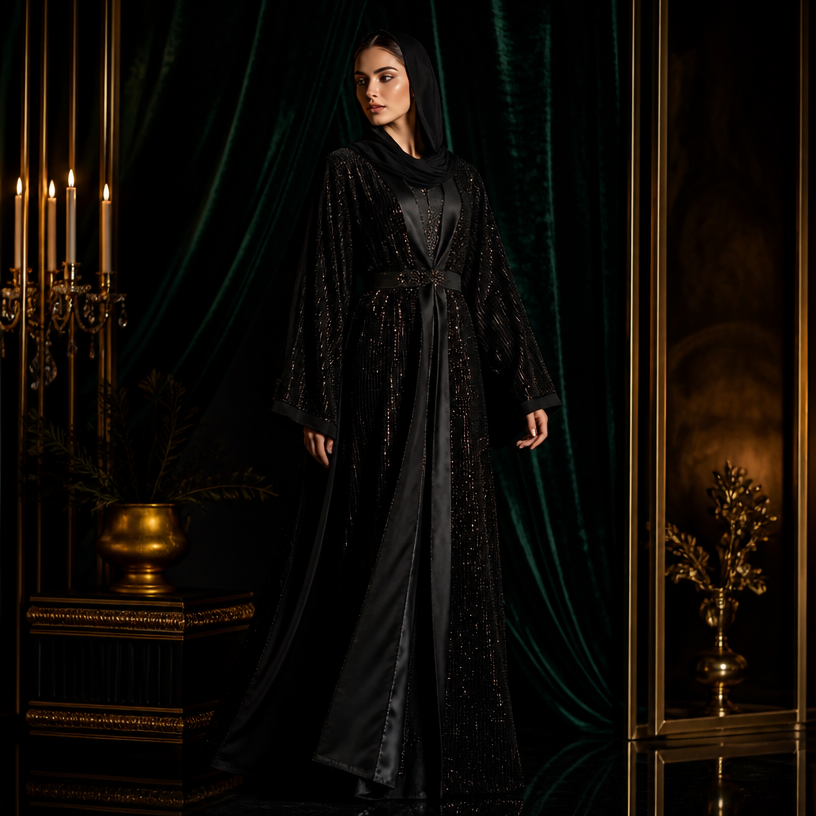 Dramatic evening abaya with gold accents against emerald velvet