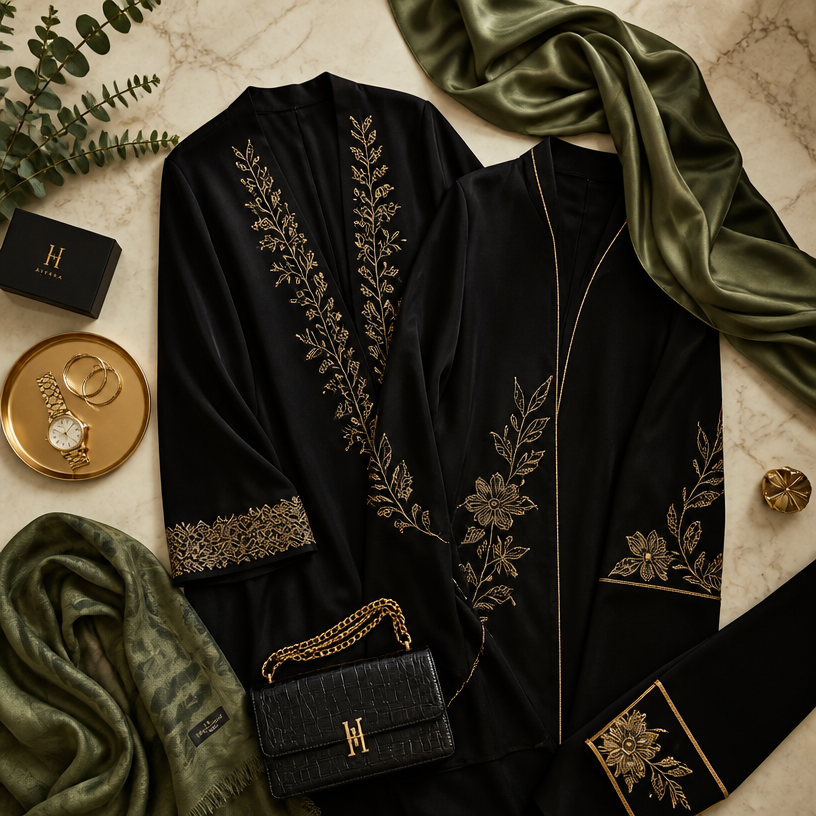 Luxury black abaya with gold embroidery laid flat with accessories