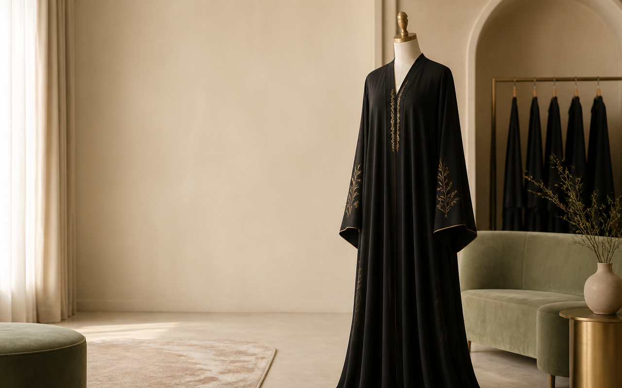 Elegant black luxury abaya with gold embroidery in a boutique setting